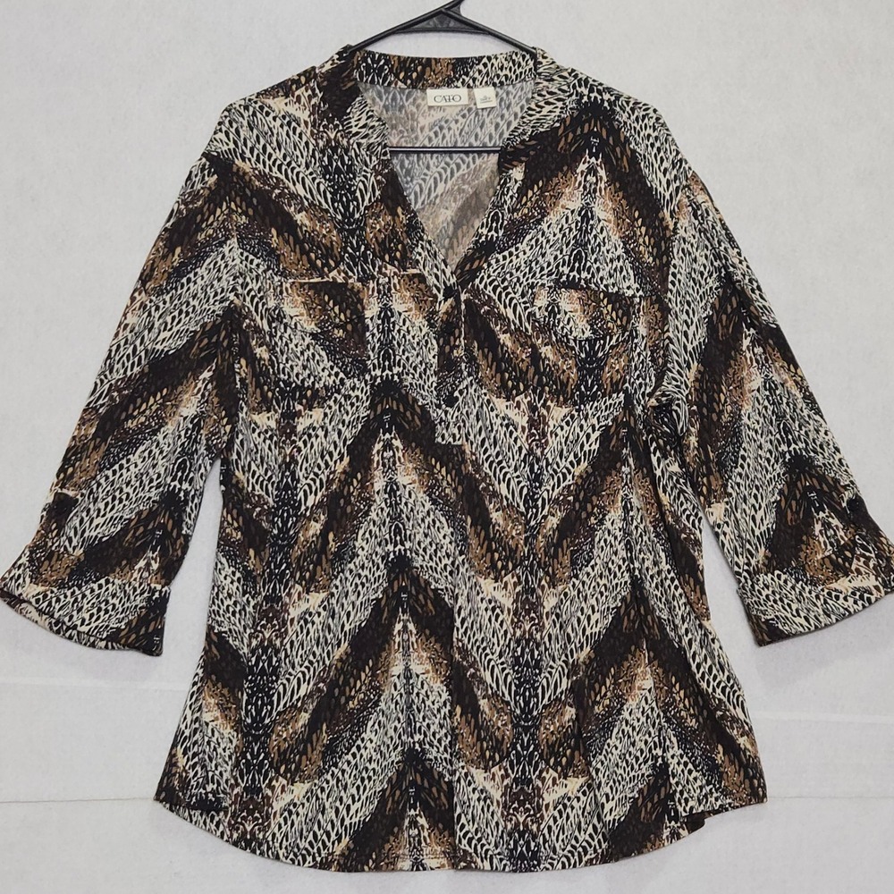 Cato Womens XL Tunic Top 3/4 Sleeve V Neck Animal Print Brown Beige Black